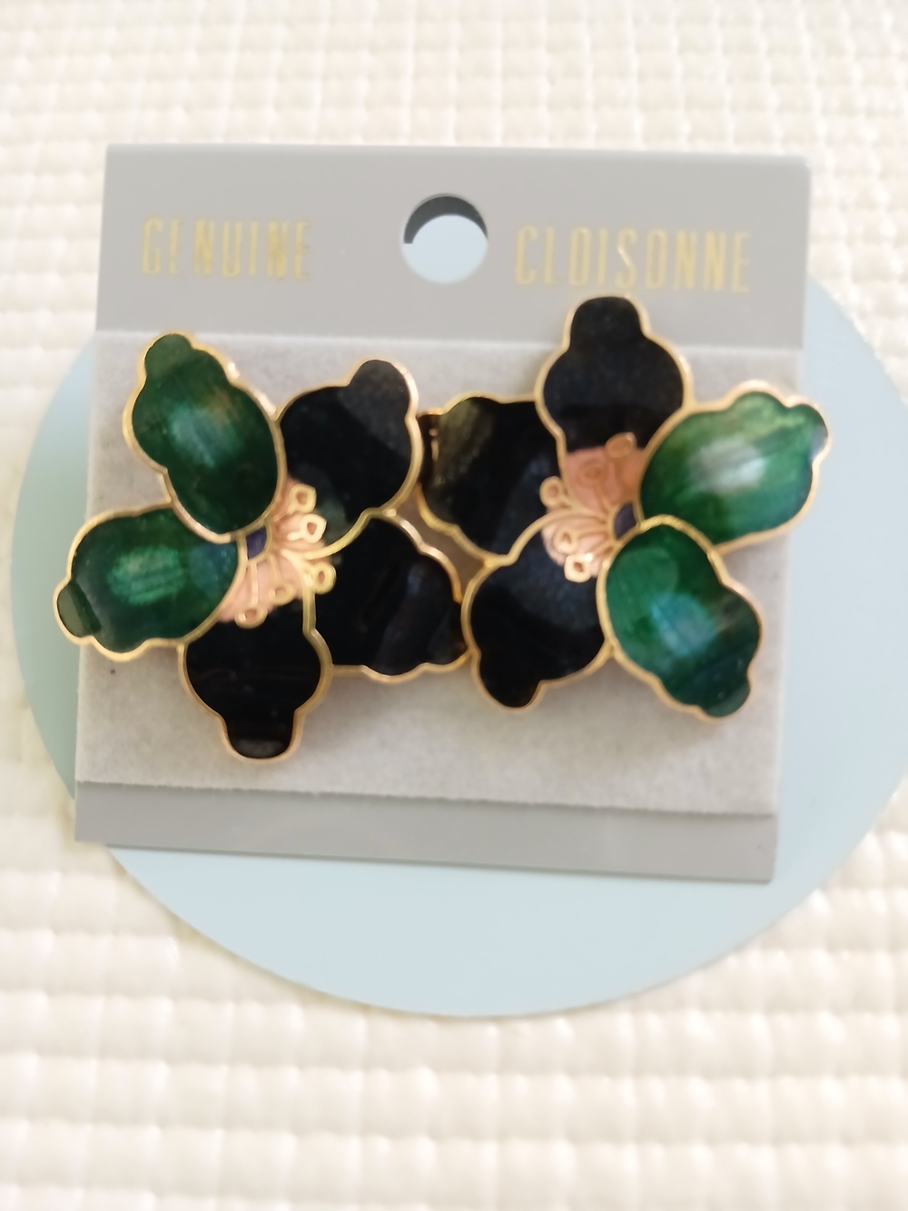 Vintage Cloisonne Floral green/ black flower studs erarrings, new